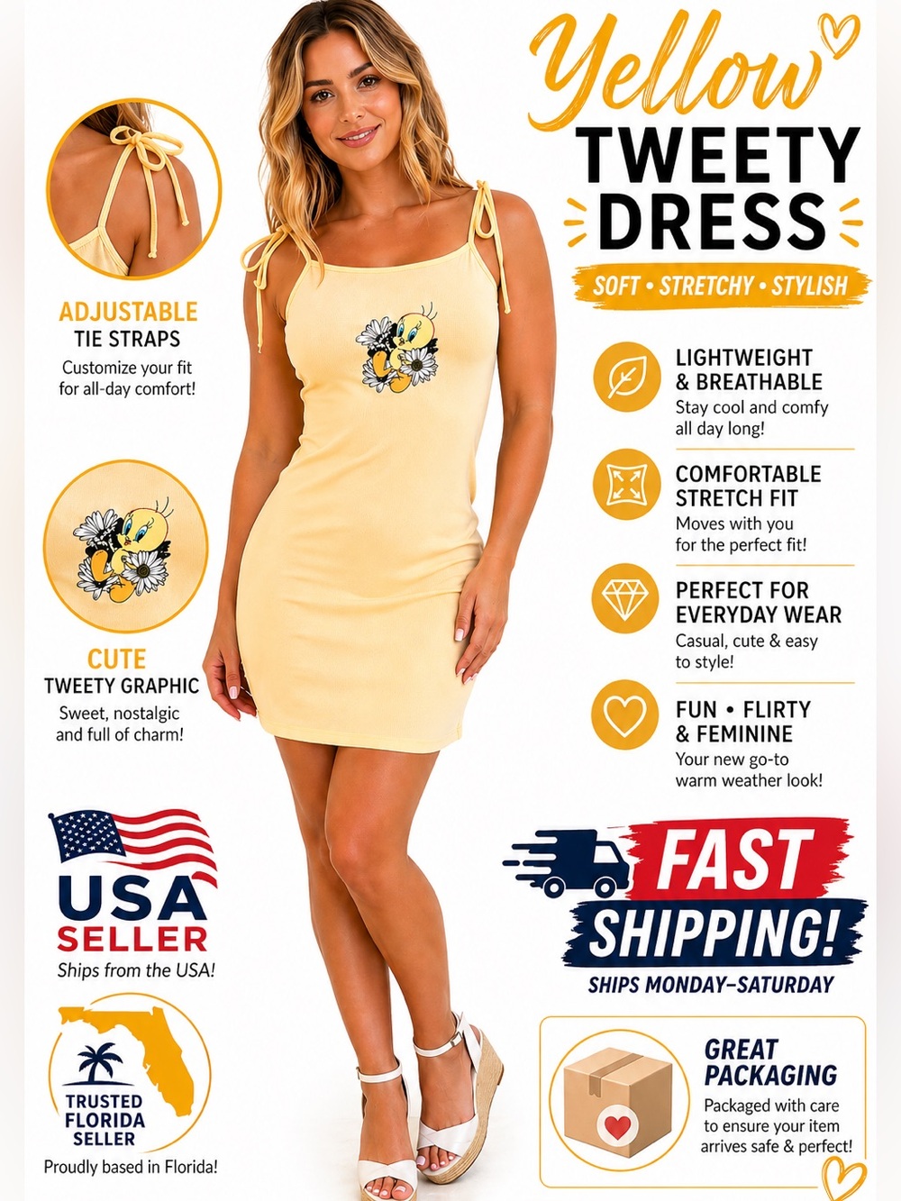 Looney Tunes Tweety Bird Dress Womens L Yellow Ribbed Bodycon Tie Strap NWT